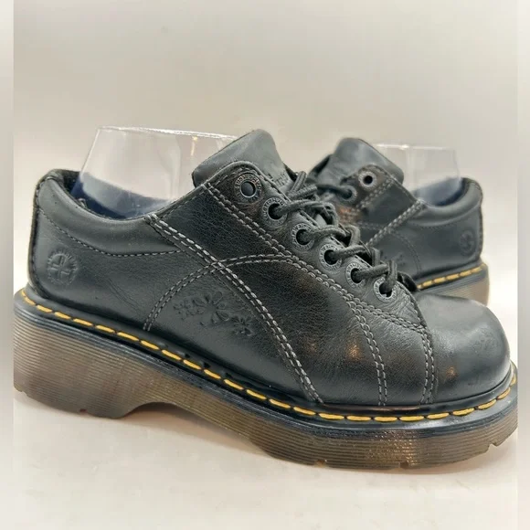 RARE DAISY Flower Dr. Martens Chunky Black Leather 12283 Oxford Boot WMS Sz 7 - Picture 1 of 15